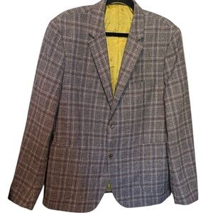 Jeff Banks London Men's Gray Fawn Plaid Wool Blend Blazer Size 44R